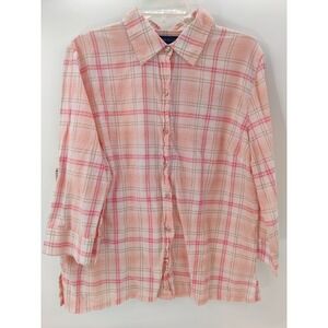 Karen Scott Womens XL Plaid Button‎ Down 3/4 Sleeve Roll Tab Shirt Top Blouse